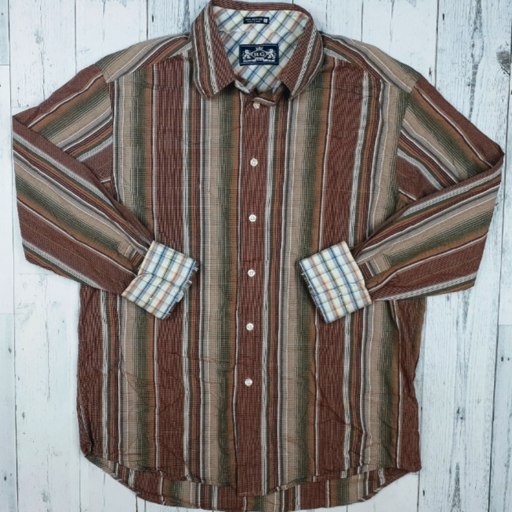 Robert Graham R&G Men's L Large Long Sleeve Button Up Shirt Stripe Flip Cuff EUC